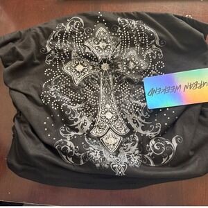 NWT Y2K Urban Weekend Black Rhinestone Grunge Cross Tube Top XL  Ruched